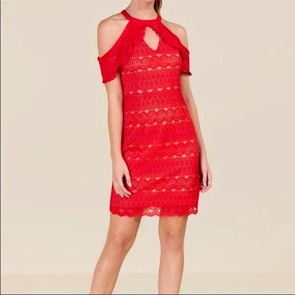 Francesca’s Red Holiday Cocktail Dress. Red lace, off the shoulder design. Small